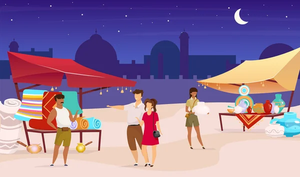 Night bazaar flat color vector illustration. Istanbul street market. Turkish souk, arabic fair. Tourists buying souvenirs, carpets faceless cartoon characters with mosque and sky on background — 스톡 벡터