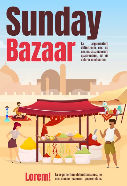 Minggu bazaar poster datar vektor templat. Mesir marketplace. Pasar jalanan Istanbul. Brosur, sampul, buklet satu halaman desain konsep dengan karakter kartun. Iklan selebaran, selebaran, surat kabar - Stok Vektor