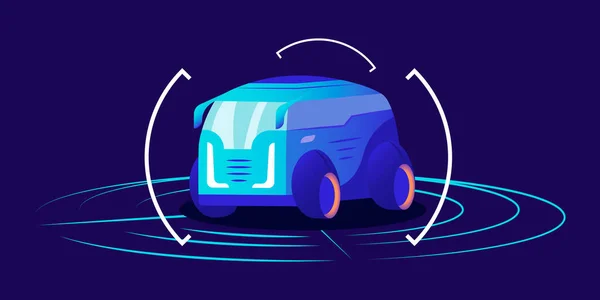 Förarlösa bil platt färg vektor illustration. Futuristiska autonoma transporter, inramad själv kör van på blå bakgrund. Gränssnitt för smarta transportdetekteringssystem, virtuellt showroom-koncept — Stock vektor