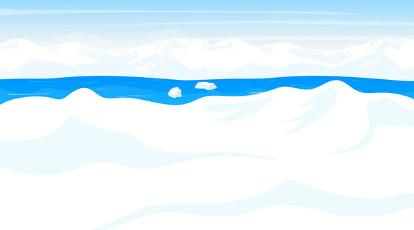 North pole flat vector illustration. Antarctic landscape. White snow desert, panoramic land with ocean. Polar cold scene. Nordic surface. Frost fjord. Alaska. Arctic cartoon background