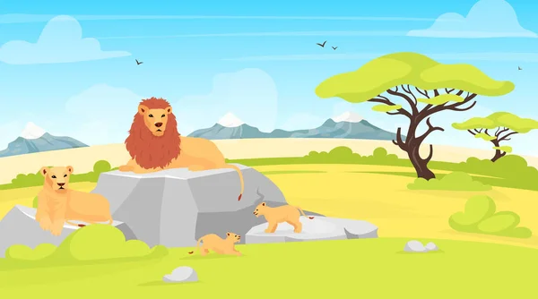 Savannah landskap platt vektor illustration. Afrikansk miljö med lejon liggande på sten. Safari fält med träd och varelser. Bevarandepark. Tecknad serie för syddjur — Stock vektor