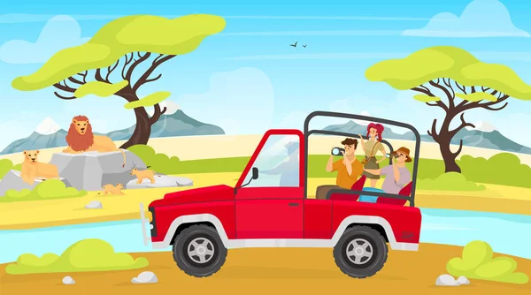 African expedition flat vector illustration. Savannah with river. Tourist group in car photograph lion family. Woman and man photograph creatures. Animals and people cartoon characters — 스톡 벡터