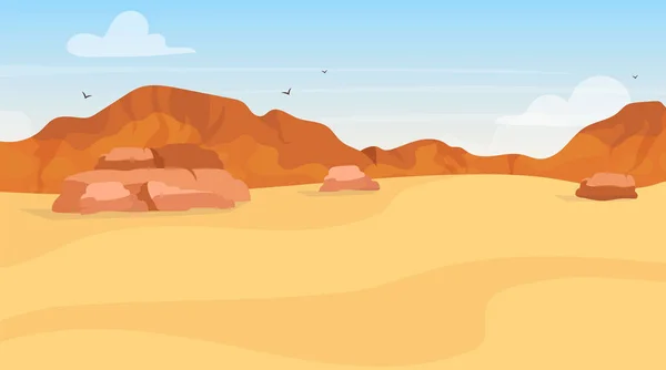 Dunas ilustração vetorial plana. Exploração do deserto de areia. Paisagem panorâmica egípcia. Selvagem árabe. Terra africana. Ambiente de calado. Vista de Platão. Montanhas. Wasteland desenho animado fundo —  Vetores de Stock