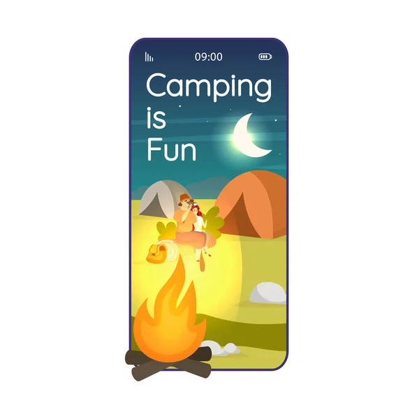 Camping é divertido desenho animado tela do aplicativo vetor smartphone. Pernoite na selva. Exibições de telefone celular com design de caráter plano mockup. Expedição aplicação local telefone interface bonito — Vetor de Stock