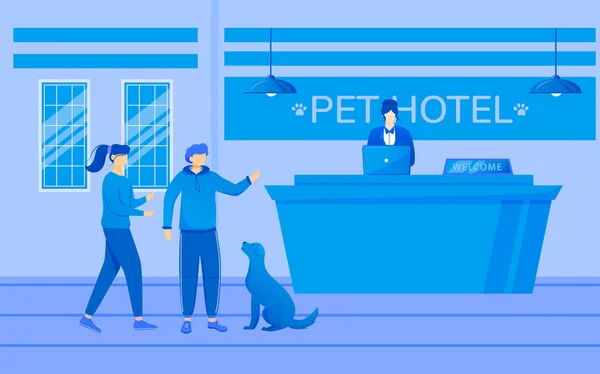 Pet hotel ilustração vetorial plana. Hóspedes com animais perto da recepção. Recepcionista trabalhando com computador na recepção. Processo de registo, check-in. Pessoas com personagens de desenhos animados do cão —  Vetores de Stock