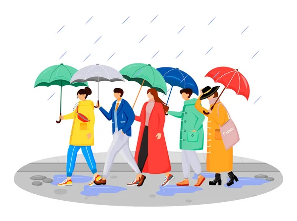 People in raincoats flat color vector faceless characters. Walking caucasian humans with umbrellas. Rainy day. Men and women on road isolated cartoon illustration on white background — 스톡 벡터