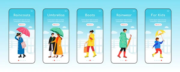 Rainwear onboarding mobiele app scherm platte vector template. Paraplu 's en laarzen. Kinderen regenjassen. Walkthrough website stappen met karakters. Ux, Ui, Gui smartphone cartoon interface, case prints set — Stockvector