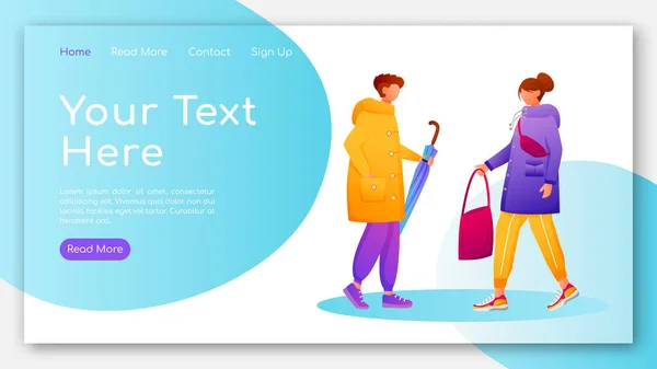 People in raincoats landing page flat color vector template. Walking caucasian humans homepage layout. Rainy day one page website interface with cartoon characters. Wet weather web banner, webpage — 스톡 벡터