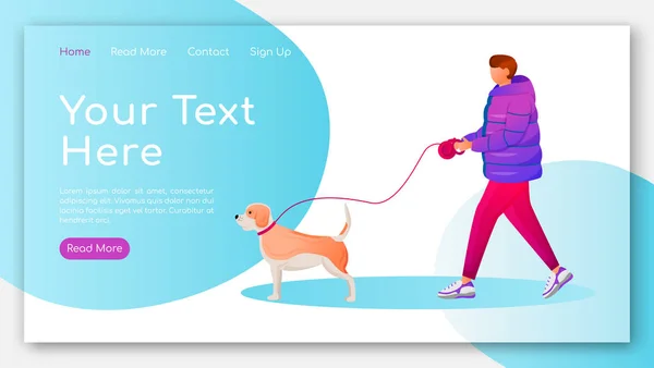 Man in coat landing page flat color vector template. Caucasian guy walking dog homepage layout. Rainy day one page website interface with cartoon characters. Wet weather web banner, webpage — 스톡 벡터