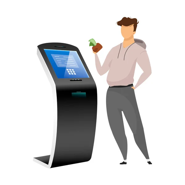 Cash machine user flat color vector faceless character. Man with money near bank terminal isolated cartoon illustration on white background. Freestanding construction for financial operations — 스톡 벡터