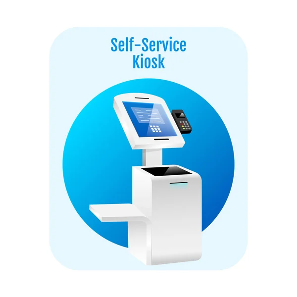 Self service kiosk flat concept icon. Payment terminal sticker, clipart. Digital software with sensor interface. Freestanding banking construction isolated cartoon illustration on white background — Stock Vector