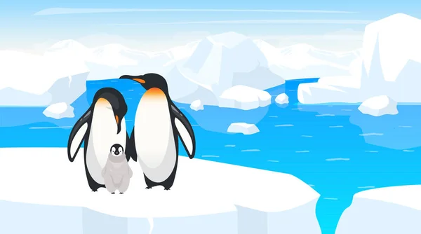 Illustrazione vettoriale piatta della fauna selvatica del polo sud. Famiglia di pinguini imperatore su iceberg incrinato. Uccelli adulti con pulcino sul paesaggio invernale. Il deserto dell'Antartide. Personaggi dei cartoni animati animali — Vettoriale Stock