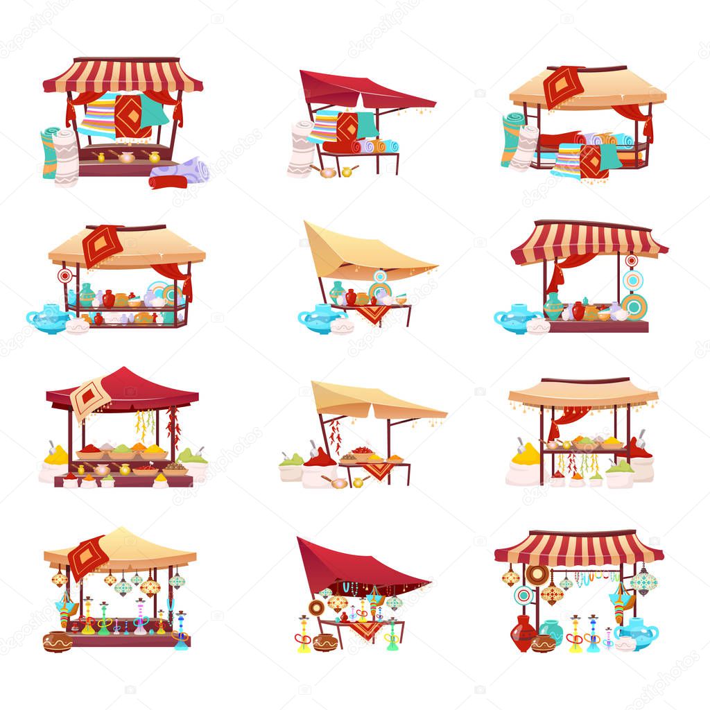 Bazaar trade tents cartoon vector illustrations set. Middle east marketplace flat color objects. Retail canopy with souvenirs, handmade pottery, hookah and crafted carpets isolated on white background