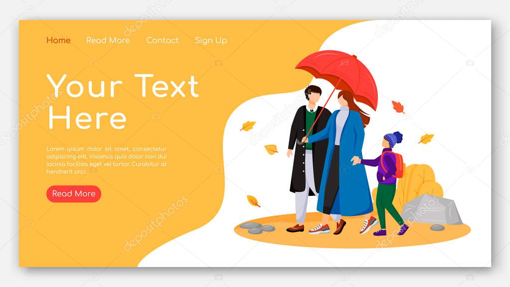 Walking family landing page flat color vector template. Parents with child homepage layout. Autumn nature one page website interface with cartoon characters. Couple with umbrella web banner, webpage