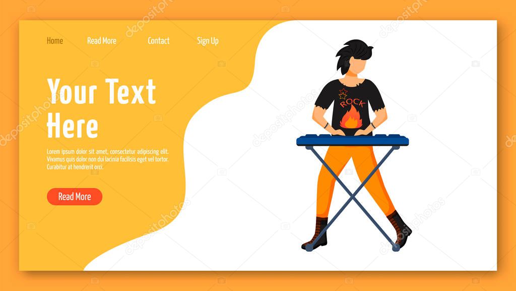 Keyboardist landing page vector template. Keyboard player website interface idea with flat illustrations. Musician homepage layout. Music band member web banner, webpage cartoon concept