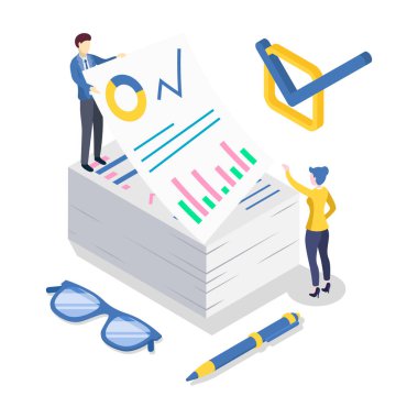 İş analitiği izometrik renk vektörü çizimi. Muhasebe ve mali denetim. Veri analizi ve istatistik. Stratejik yönetim. Evrak işleri. Şirket stratejisi. 3D kavramı beyazda izole edildi