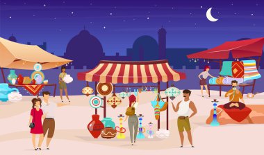 Gece Türk pazarındaki turistler düz renk vektör illüstrasyonunda. Arap sokak pazarı. Halılarla tente değiş tokuşu. Gezginler arka planda camii olan yüzsüz çizgi film karakterleri satın alıyorlar.