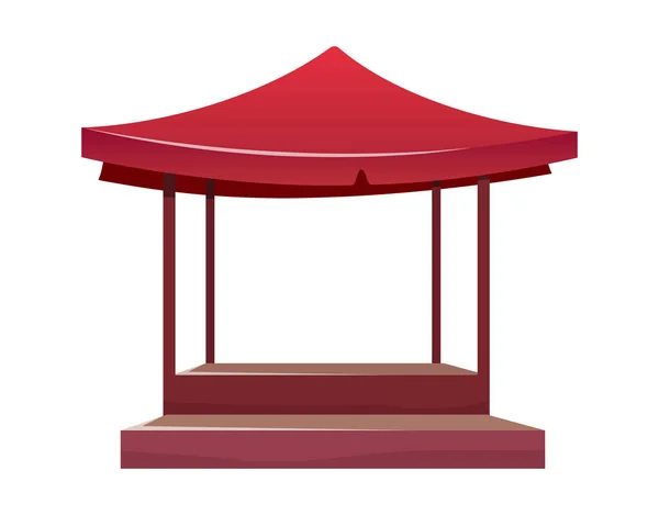 Eastern bazaar empty red tent cartoon vector illustration. Blank summer fair, marketplace counter with tent and table flat color object. Souk vitrine with awning, kiosk isolated on white — 스톡 벡터