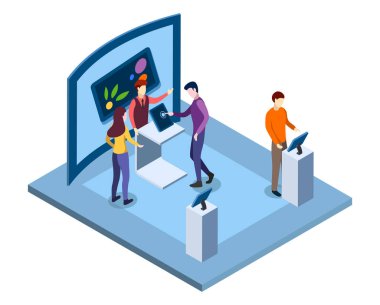 Elektronik ticaret göstergesi izometrik vektör çizimi. Satıcı, reklamcı, ziyaretçiler karakterleri test ediyor. Teknoloji müzesi, modern ticaret sergisi 3D iç mekan