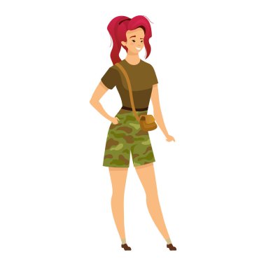 Gezgin düz renk vektör çizimi. Kamuflaj şortlu kadın turist. Askeri kıyafetli bir yürüyüşçü. Askeri üniformalı bir sırt çantalı. Beyaz arka planda karikatür karakteri
