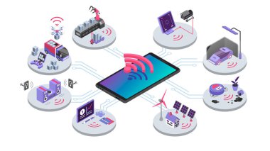 Bir sürü izometrik renk vektörü çizimi. Cihazlar çevrimiçi uzaktan kumanda. Akıllı ev sistemi. Bulut hesaplama, elektronik kablosuz bağlantı. Nesnelerin internet konsepti beyaz arkaplanda izole