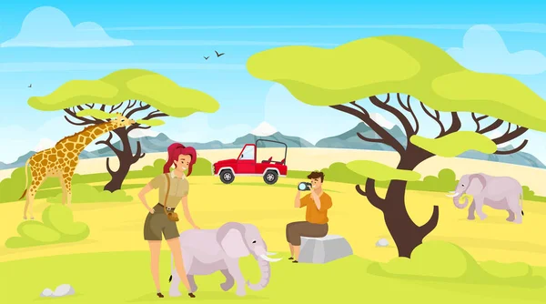 Expedición africana ilustración vectorial plana. Jirafas y elefantes en Savannah. Mujer y hombre fotografiando criaturas del sur. Paisaje verde safari. Animales y personas personajes de dibujos animados — Archivo Imágenes Vectoriales