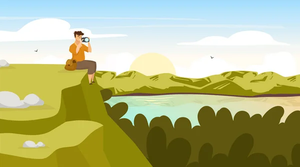 Sunset in forest flat vector illustration. Backpacker photogrph landscape. Man sit on hill. Photographer on mountain peak. Sunset on lake. Panoramic scene. Male tourist cartoon characters — 스톡 벡터