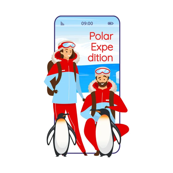 Polars expedition tecknad smartphone vektor app skärm. Antarktisk resa. Mobiltelefon visar med platt karaktär design mockup. North prospektering ansökan telefon söt gränssnitt — Stock vektor