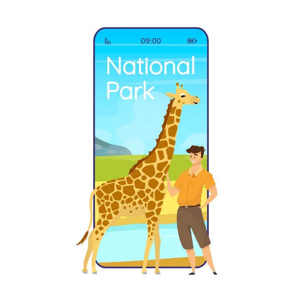 Parque nacional de dibujos animados pantalla de aplicación de vectores de teléfonos inteligentes. Conservación en África. Pantallas de teléfono móvil con diseño de carácter plano maqueta. Animal wathcing aplicación teléfono lindo interfaz — Vector de stock