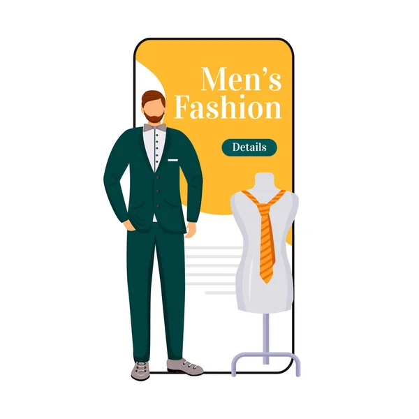 Man fashion cartoon smartphone vector app screen. Designing male outfits. Official style clothes. Mobile phone display with flat character design mockup. Fashion trends application telephone interface — Stock Vector