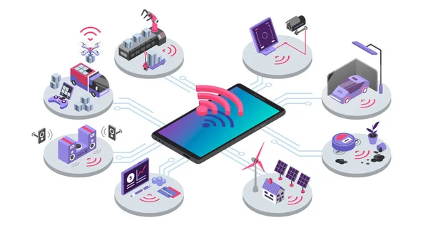 IOT ilustración de vectores de color isométricos. Dispositivos de control remoto en línea. Sistema doméstico inteligente. Computación en la nube, conexión inalámbrica electrónica. Internet de las cosas 3d concepto aislado sobre fondo blanco — Vector de stock