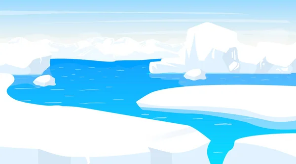 Ilustracja wektora południowego. Antarktyczny krajobraz z krawędziami góry lodowej. Biały śnieg panoramiczny ląd z oceanem. Zimna scena polarna. Nordycka powierzchnia. Mroźny fiord. Na Alasce. Arktyczne tło kreskówki — Wektor stockowy