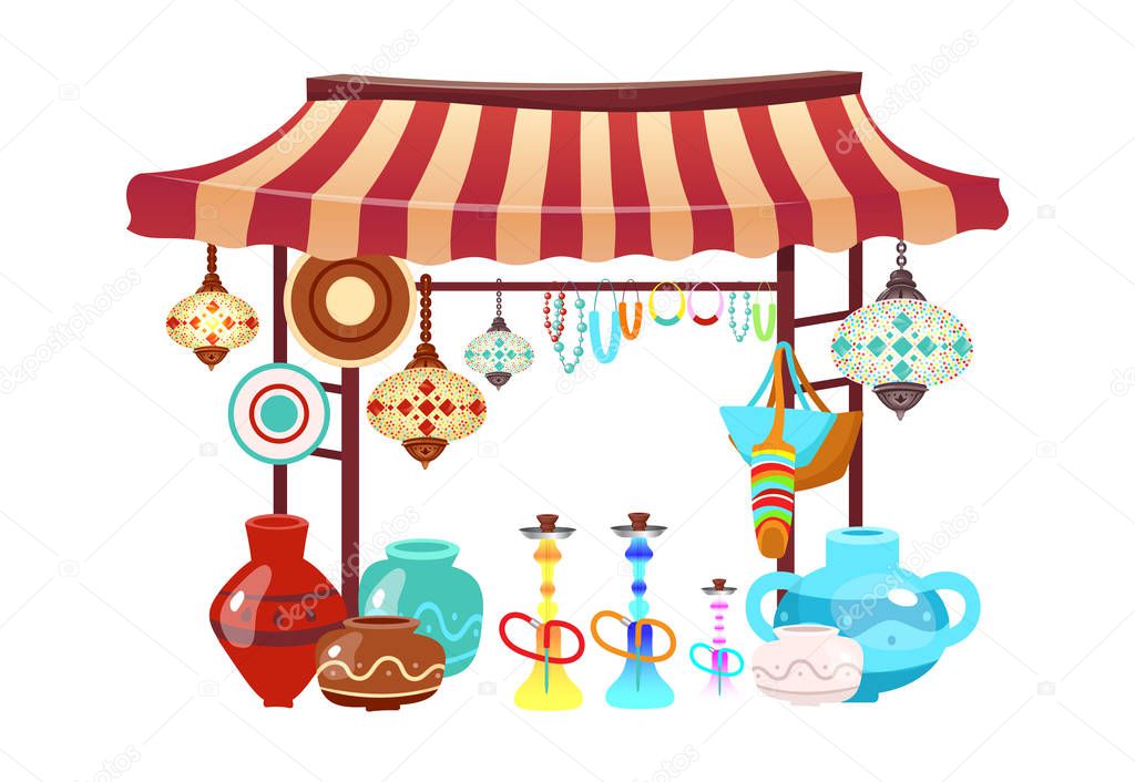 Eastern market tent with handcrafted souvenirs cartoon vector illustration. Oriental bazaar awning with hookahs, handmade accessories flat object. African, turkish marketplace stall isolated on white
