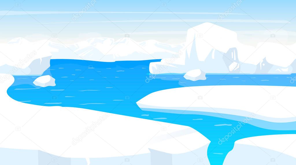 South pole flat vector illustration. Antarctic landscape with iceberg edges. White snow panoramic land with ocean. Polar cold scene. Nordic surface. Frost fjord. Alaska. Arctic cartoon background