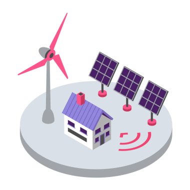 Yenilenebilir enerji izometrik renk vektörü çizimi. Çevre dostu elektrik kaynağı. Akıllı ev güneş paneli ve yel değirmeni kablosuz uzaktan kumanda 3D kavramı beyaz arkaplanda izole edildi
