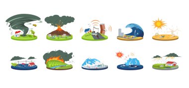 Doğal afetler karikatür vektör çizimi seti. Olağanüstü hava koşulları. Felaket, facia. Sel, çığ, kasırga. Deprem, tsunami. Beyaz üzerine izole edilmiş düz renk felaketleri