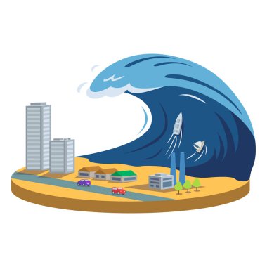 Tayfun karikatür vektör çizimi. Tsunami. Şehri saran dalgalar. Tropik kasırga, fırtına. Felaket, felaket, musibet. Yıkıcı fenomen. Düz renk doğal afet beyazda izole edilmiş.