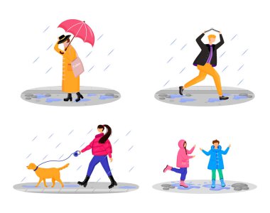 Yağmurlu düz renk vektörlü yüzsüz karakterler. Yürüyen Kafkas insanları. Yağmurlu bir gün. Çocukları oynuyorum. Yağmurluk giyen erkek ve kadınlar beyaz arkaplanda karikatür çizimleri buldular.