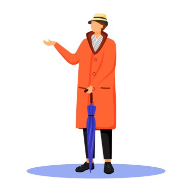 Turuncu yağmurluklu adam düz renkli vektör yüzsüz karakter. Şapkalı, eşarplı, beyaz bir adam. Yağmurlu bir hava. Sonbahar yağmurlu günü. Beyaz arkaplanda şemsiyesi olan erkek karikatür çizimi