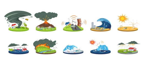 Natural disasters cartoon vector illustration set. Extreme weather conditions. Catastrophe, cataclysm. Flood, avalanche, hurricane. Earthquake, tsunami. Flat color calamities isolated on white — 스톡 벡터