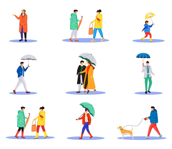 People with umbrellas flat color vector faceless characters set. Walking caucasian humans. Rainy day. Men and women in raincoats isolated cartoon illustrations on white background — 스톡 벡터