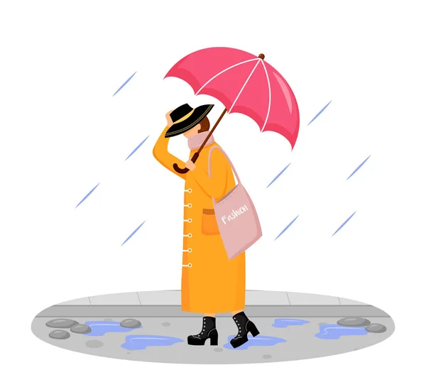 Woman in raincoat flat color vector faceless character. Walking caucasian lady in hat. Rainy day. Fashionable madam on heels. Female with umbrella isolated cartoon illustration on white background — 스톡 벡터