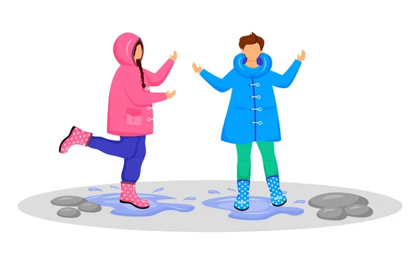 Children in raincoats flat color vector faceless character. Caucasian kids playing in puddles. Wet weather. Rainy day. Girl and boy in gumboots isolated cartoon illustration on white background — 스톡 벡터