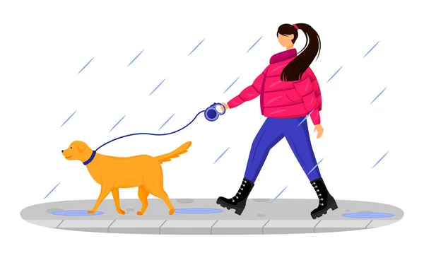 Woman in coat flat color vector faceless character. Caucasian lady walking dog in rain. Rainy day. Wet weather. Stylish female in boots isolated cartoon illustration on white background — 스톡 벡터