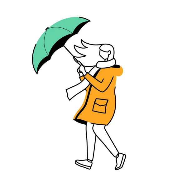 Woman in raincoat flat contour vector illustration. Windy weather. Female with umbrella isolated cartoon outline character on white background. Walking lady in scarf simple drawing — 스톡 벡터