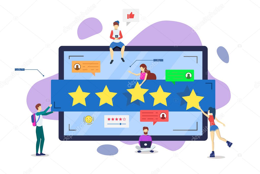 Online reviews semi flat RGB color vector illustration. User experience. Customer satisfaction. Consumer feedback. Client rating concept. Quality evaluation. Isolated cartoon character on white