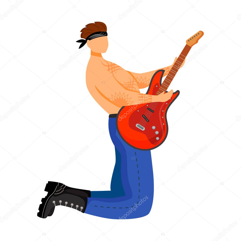 Guitarist flat color vector illustration. Guitar player standing on his knees. Musician. Music band member. Rock and roll. Man with musical instrument. Concert. Isolated cartoon character on white