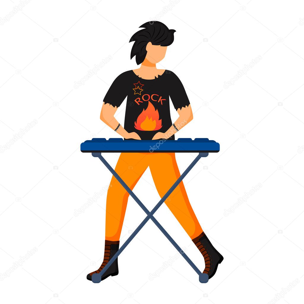 Keyboardist flat color vector illustration. Keyboard player. Musician. Music band member. Rock and roll. Punk. Man with musical instrument. Concert, gig. Isolated cartoon character on white