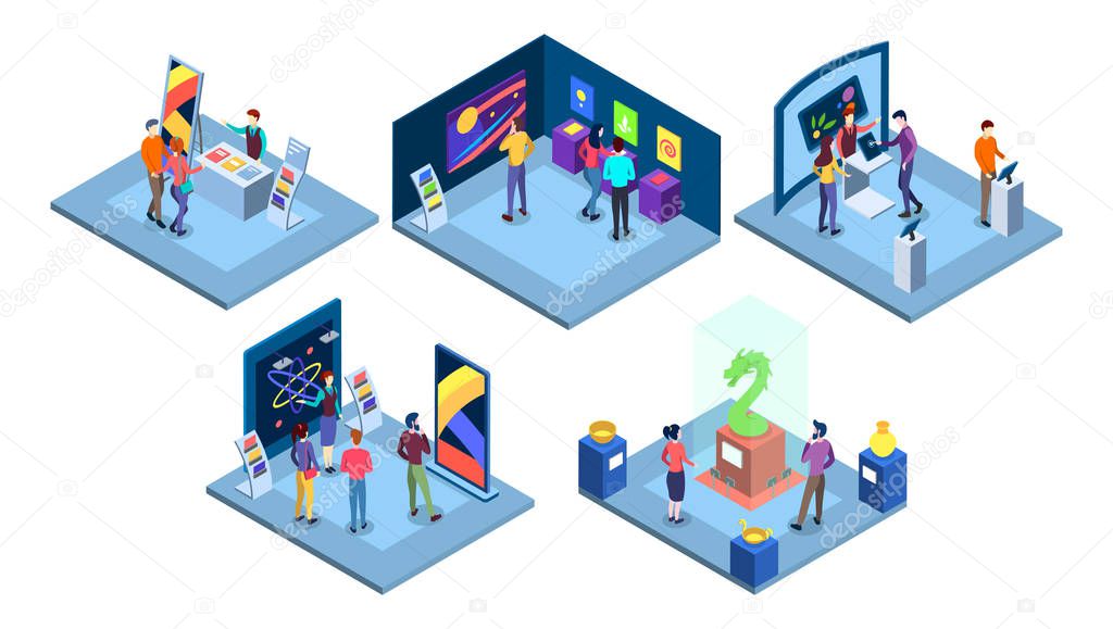 Exhibitions isometric vector illustrations set. Art gallery with abstract paintings, science fair isolated 3d concepts. Historical and technological museums exhibits. Visitors at exposition characters
