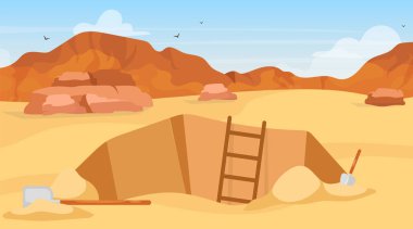 Excavation flat vector illustration. Archaeological site, search for artifacts. Digging with shovels. Egyptian desert exploration. Miner hole in Africa. Expedition cartoon background clipart